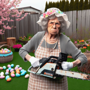 Grandma with chainsaw easter, The inscription of the Patriot saw