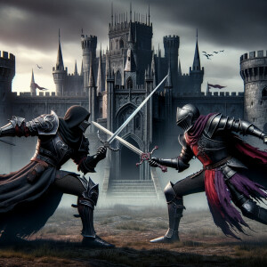 Black knight sword fighting a red and purple knight in front of undead castle