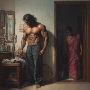 Hyperrealism oil painting  ,a indian  muscular beefy  sweaty man...