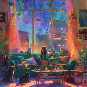 A girl sitting on a sofa surrounded by cats, with a tall window...