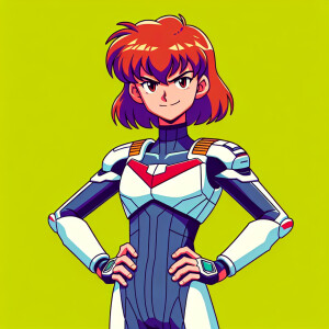1990s anime screencap, girl a plugsuit, standing with hands on h...