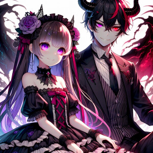 A girl named lilith with elegant gothic lolita dress sit beside Handsome Lucifer with Black Horn, Msyterious Aura of Black Red Purple, Lilith and Lucifer evil smirk, glowing eyes, 3D Humanlike, High Res