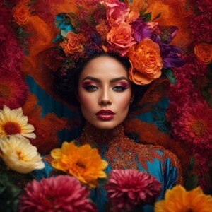 Create a detailed portrait of a woman's face, featuring makeup w...