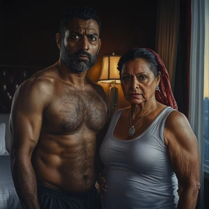 Hyperrealism art style.A sweaty beefy muscular man standing with...