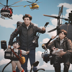 A mother and father helicopter with a propeller coming out of ea...