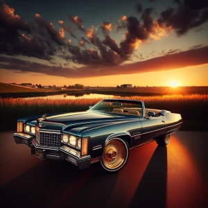A 1971 Metallic Dark blue Cadillac Eldorado Convertible, bathed...