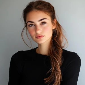 a woman, look to the camera, half ponytail hairstyle