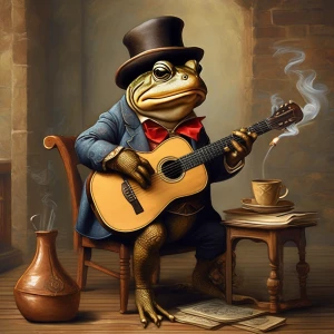 Anthropomorphic toad wearing a fedora, sitting on a stool, smoking a cigar, and strumming an acoustic guitar.