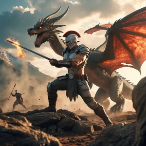 Spartan battling a dragon