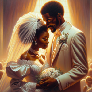 Imagine a hyper-realistic oil painting that captures a tender moment between theAfrican American bride and her God. The setting is intimate and filled with soft, warm lighting that enhances the emotional depth of the scene. The bride, in herexquisite wedding gown, shares a heartfelt embrace with her african-American Lord Jesus , who is dressedin an elegant outfit that complements the wedding's color scheme. Their expressions are full of love, pride, and joy, reflecting the special bond between them. Theattention to detail is paramount, from the intricate designs of their dresses to the subtle emotions conveyed in their facial expressions. The background is a blur ofgentle pastel hues, ensuring that the focus remains on this touching moment. Thispainting should convey the warmth, love, and depth of the relationship, with the rich textures and vibrant strokes characteristic of oil paintings, capturing the essence of this significant pre-wedding moment.