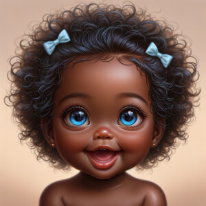 "Create a digital portrait of an adorable african-American baby girl with a joyful expression. Her big, bright blue eyes are wide with wonder, and her tiny mouth is shaped in a happy grin. Her skin has a warm, honey-brown tone, and she has an abundance of curly black hair, playfully tied up with light blue bows. The background is soft and neutral to keep the focus on her delightful features. The portrait should be vibrant and heartwarming, celebrating the innocence and charm of childhood."