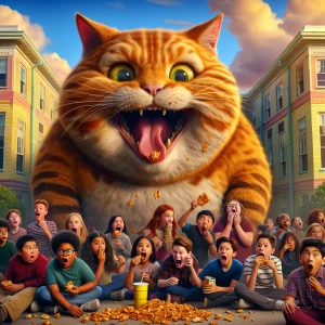 A fat orange adorable cat eating snacks in front of a school sca...