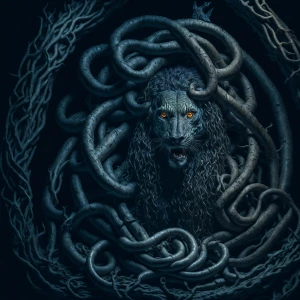 Create an image of Medusa holding shears, her snake hair express...