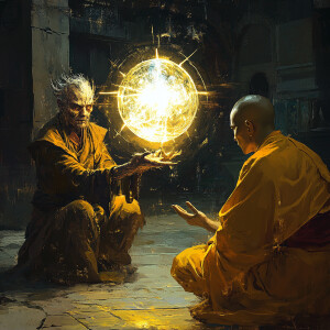 A twisted wizard with tattered robes and unkempt hair, surrounde...