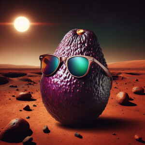 Purple avocado wearing sunglasses on Mars
