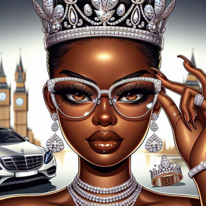 Graceful queen with brown skin, wearing a white gold crown with...