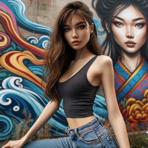 Attractive, Asian teenage girl, long brown hair and bangs, wearing tight skinny jeans and a halter top paint marks on her clothing, backside view heroic pose Asian graffiti