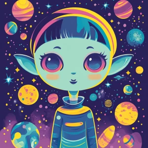 Create a 2.5D cosmic background featuring a girl alien with cele...