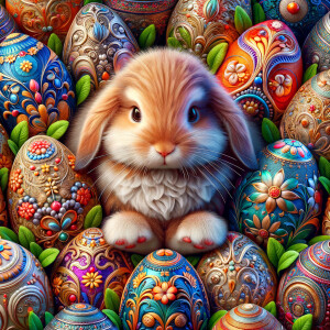 Create some ultra photorealistic images inspiring Easter, include some eggs and bunny , vivid colors, 9:16