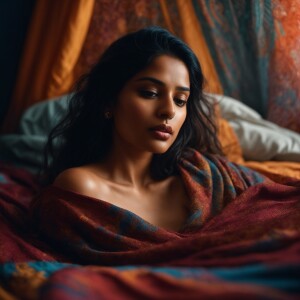 A 25-year-old Indian woman with a coy expression, reclining in b...