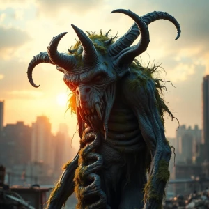 A twisted, desolate figure of a supernatural post-apocalyptic tr...