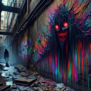 Twisted, nightmarish graffiti covering a decaying urban alleyway, dripping and pulsating with unnatural colors; a shadowy figure with glowing red eyes lurks in the background,in the style of  Freddy Krueger