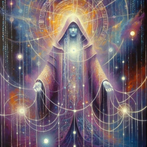 A luminously intricate cosmic hacker depicted in a vibrant gouac...