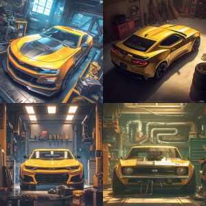 a yelloww chevrolet camaro is parked in a garage, a 3D render by...