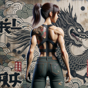 Athletic Thin skinny Attractive, Asian teenage girl, long brown hair and bangs, wearing tight skinny jeans and a halter top paint marks on her clothing, heroic pose Asian graffiti background, backside view