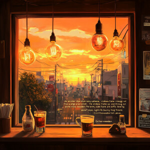 "An anime-style cozy café scene, viewed from inside and looking...