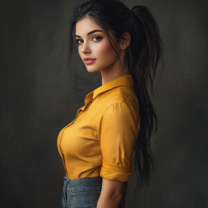 Capture the elegance of a fair-skinned woman with dark long hair...