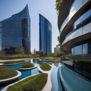 A sleek skyscraper with a twisting glass facade reflecting a deep blue sky. The building’s curves create dynamic shadows that shift throughout the day, and its base is surrounded by minimal landscaping with small fountains and smooth stone paths