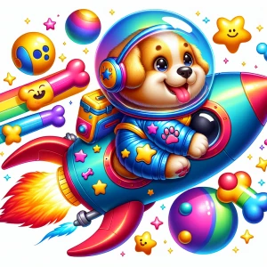 A lovable cartoon puppy dog astronaut piloting a colorful rocket...