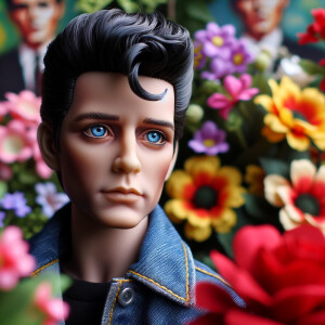 Elvis Presley doll with huge blue eyes flowers in the background