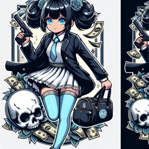 cute teenage anime girl with black hair in pigtails and big ligh...