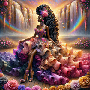 Remix Prompt
S/O Jackie Torres
S/O Panda Locke

create a animated style hyper realistic airbrush whimsical oil painting of a light African American woman wearing a flawless beautiful purple, pink, and gold blossom dress long flowing with colorful flowers and ruffles on the dress colorful jewelry made of flowers she has long black dreadlocks in a bun a colorful rose in her hair her peep toe shoes is matching her dress behind her is a beautiful waterfall liquid glowing lights beautiful colorful rainbow surrounded by beautiful roses.