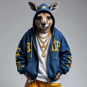 A man-kangaroo hybrid dressed in hip-hop fashion, featuring bagg...