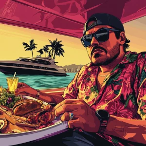 MEME PEPE in GTA art style — Enjoying picnic on the yacht — in t...
