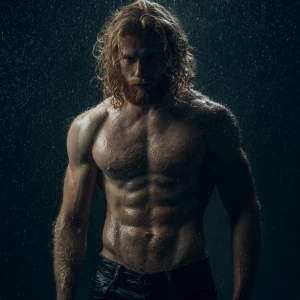 20-year-old man, blond-ginger hair color, chest hair, in the rai...