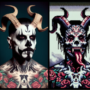 macabre highly-detailed intense demonic man with curved goat hor...