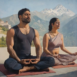 Realism art,A man(muscular beefy sweaty doinga yoga) sitting wit...