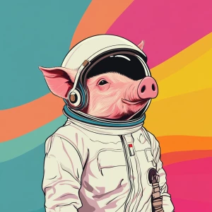 Cute cartoon pig in vintage white spacesuit and NASA style helme...