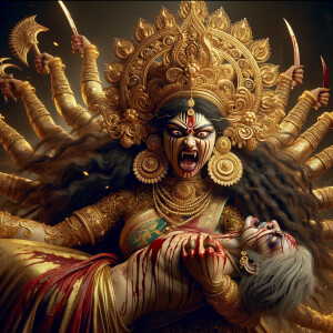 portrait of angry looking goddess durga  carrying a weak mahishasur in her arms and stabbing him with her amazingly long red fingernails. She is wearing gold armor, a huge gold crown, gold saree, abundant  gold jewelry, covered in blood. The scene is set in ancient India. The image is 8K resolution, cinematic, ultra detailed face and epic.