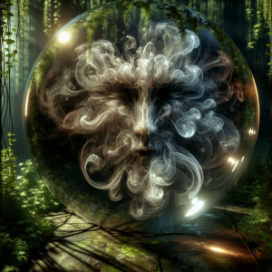A glass orb, inside glowing smoke in the shape of a face,  overg...