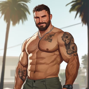 White muscular thin man with beard, big chin, smile and cheekbon...