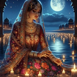 Design an image of a traditional Indian bride attired in an orna...