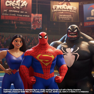 "Create an animated scene set in a lively wrestling arena. Featu...