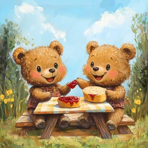 Two cute cartoon bears spreading jam on bread, sitting at a picn...