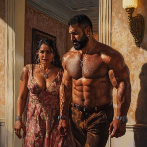 realistic painting.A sweaty beefy man walking with his 54 year o...