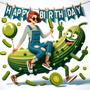 A birthday party scene themed around pickles, featuring a woman...